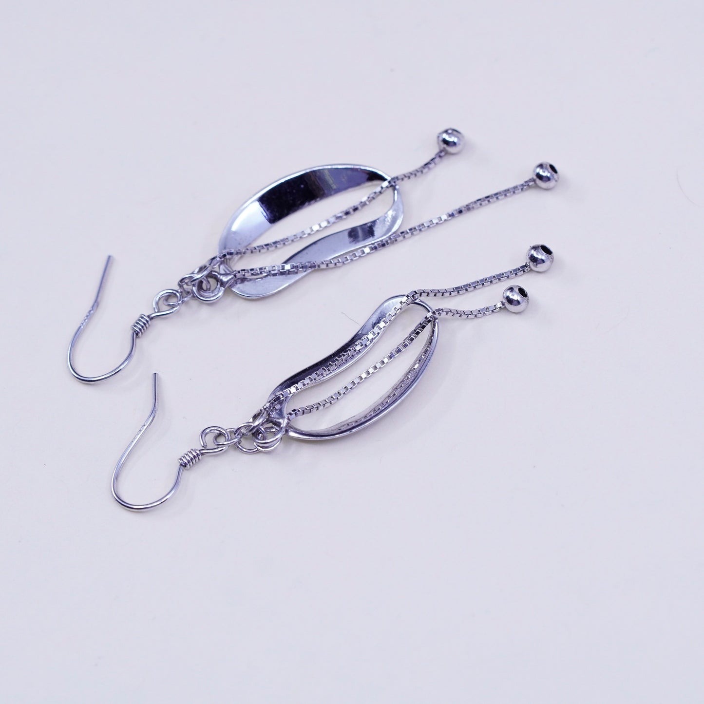 vtg sterling 925 silver handmade earrings, oval dangles w/ box chain and beads