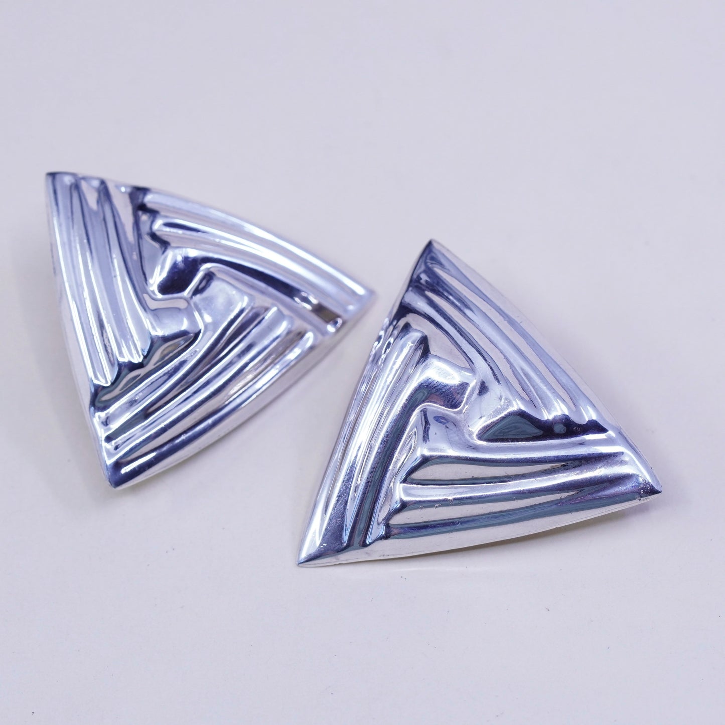 vintage Modern handmade Sterling clip on, 925 triangular Ribbed earrings