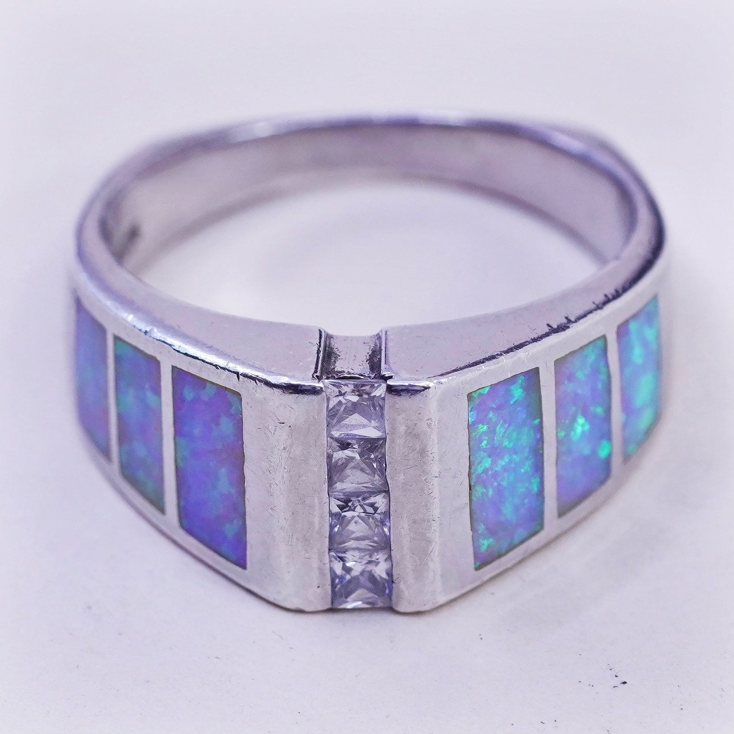 Size 8, vintage Sterling silver handmade ring, 925 band with fire opal and cz