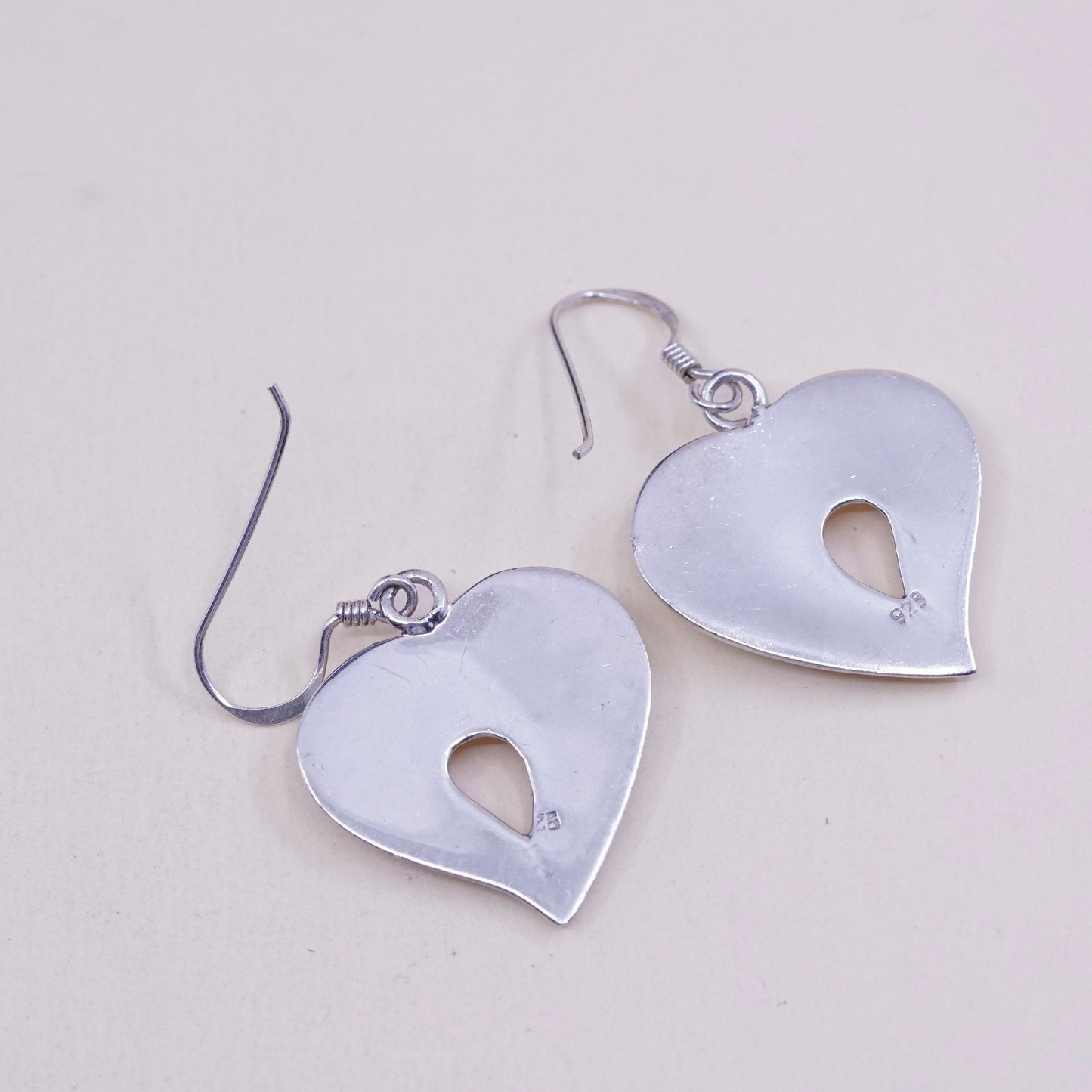 vtg sterling silver heart shaped drop earrings, puffy lightweight 925 heart