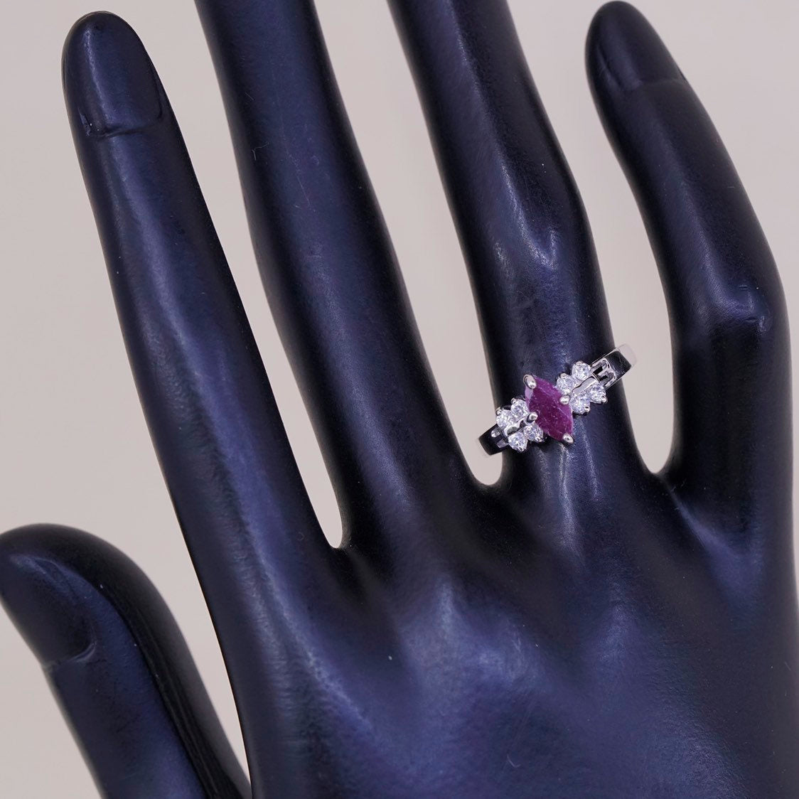 sz 6, vtg sterling silver handmade engagement ring w/ ruby n crystal accent