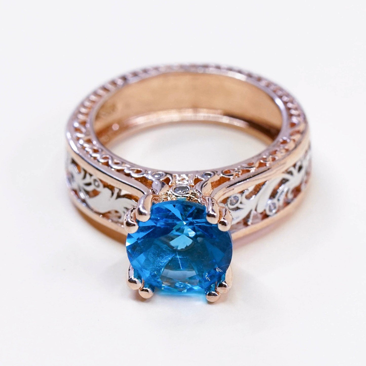 sz 8, Vermeil rose gold over Sterling silver ring, 925 w/ blue topaz N diamond