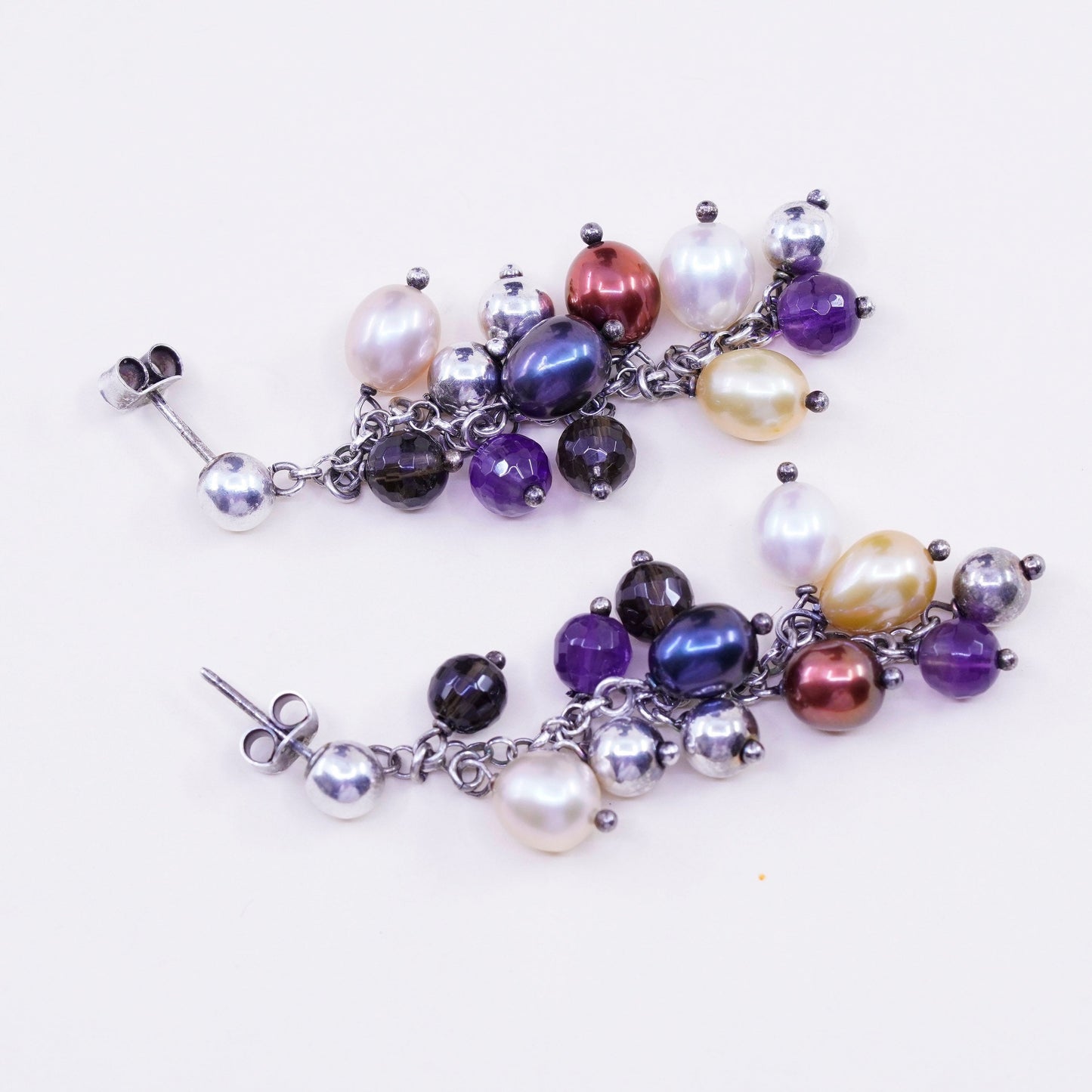 Vintage Italy Sterling 925 silver handmade earrings with cluster colorful pearl