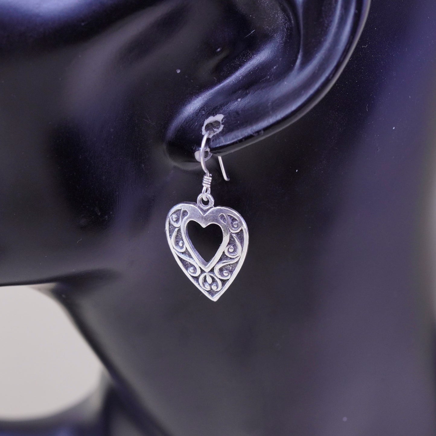 Vintage sterling silver handmade earrings, 925 heart with filigree embossed