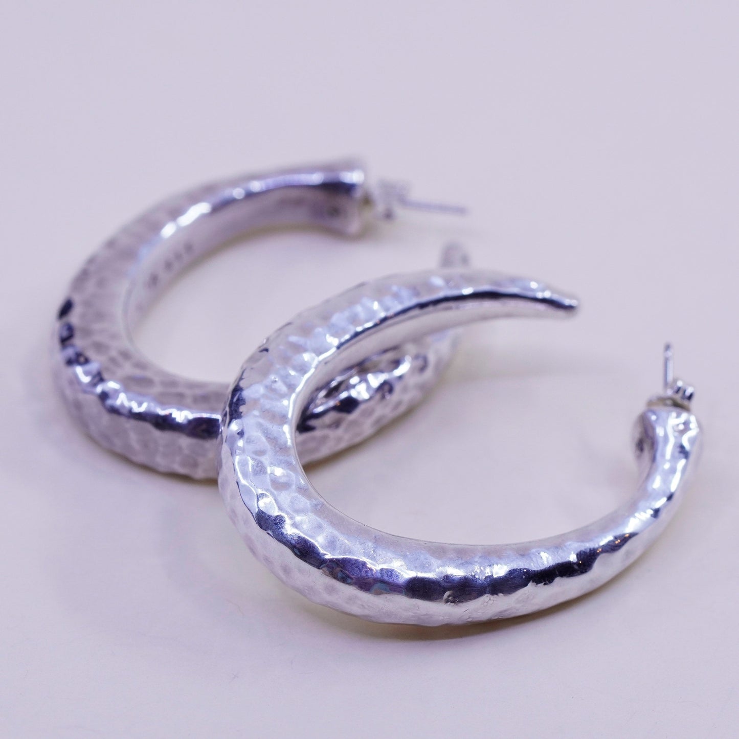 1.75” Vintage sterling 925 silver earrings, textured hammered primitive hoops