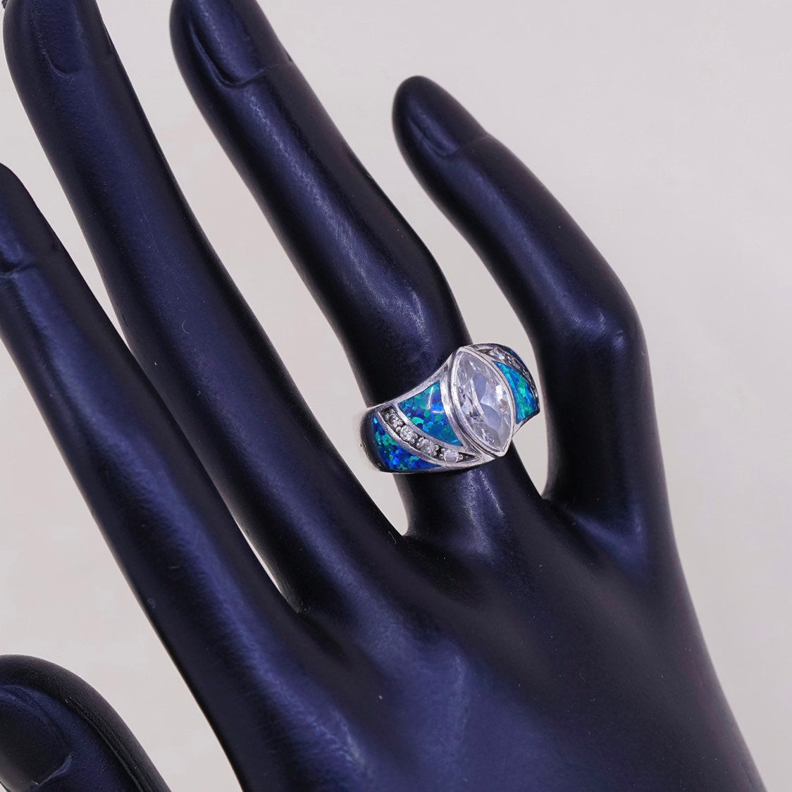 sz 5.75,vtg Sterling silver handmade ring, 925 band w/ fire opal n marquise cz