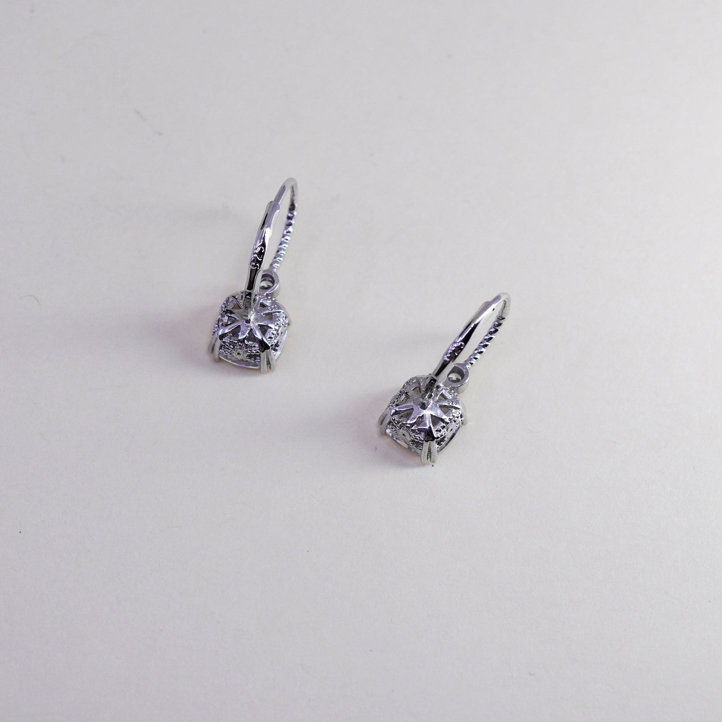 Vintage Sterling 925 silver handmade earrings, square Cz dangles