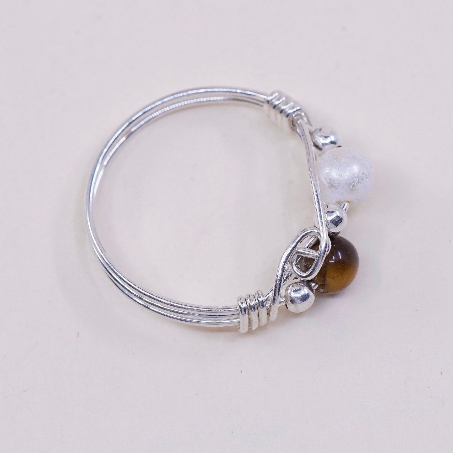 Size 5, VTG sterling 925 silver handmade wired ring w/ tiger eye N pearl bead