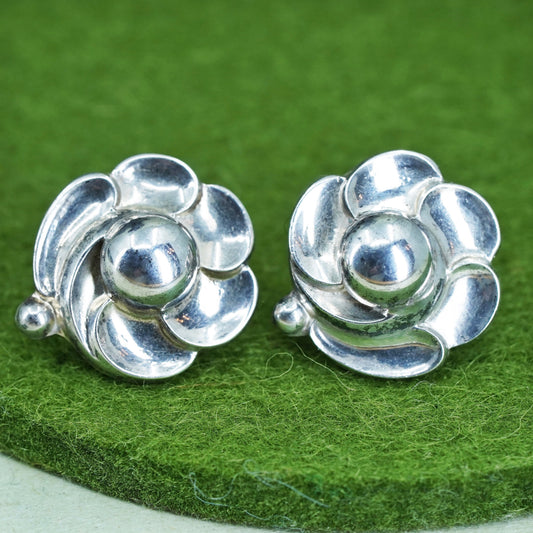 Vintage Sterling silver handmade earrings, 925 screw back rose flower earrings