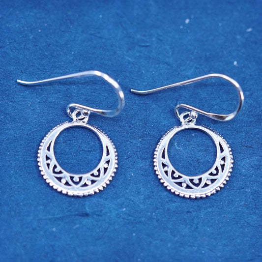 Vintage sterling silver handmade earrings, 925 filigree circle drop