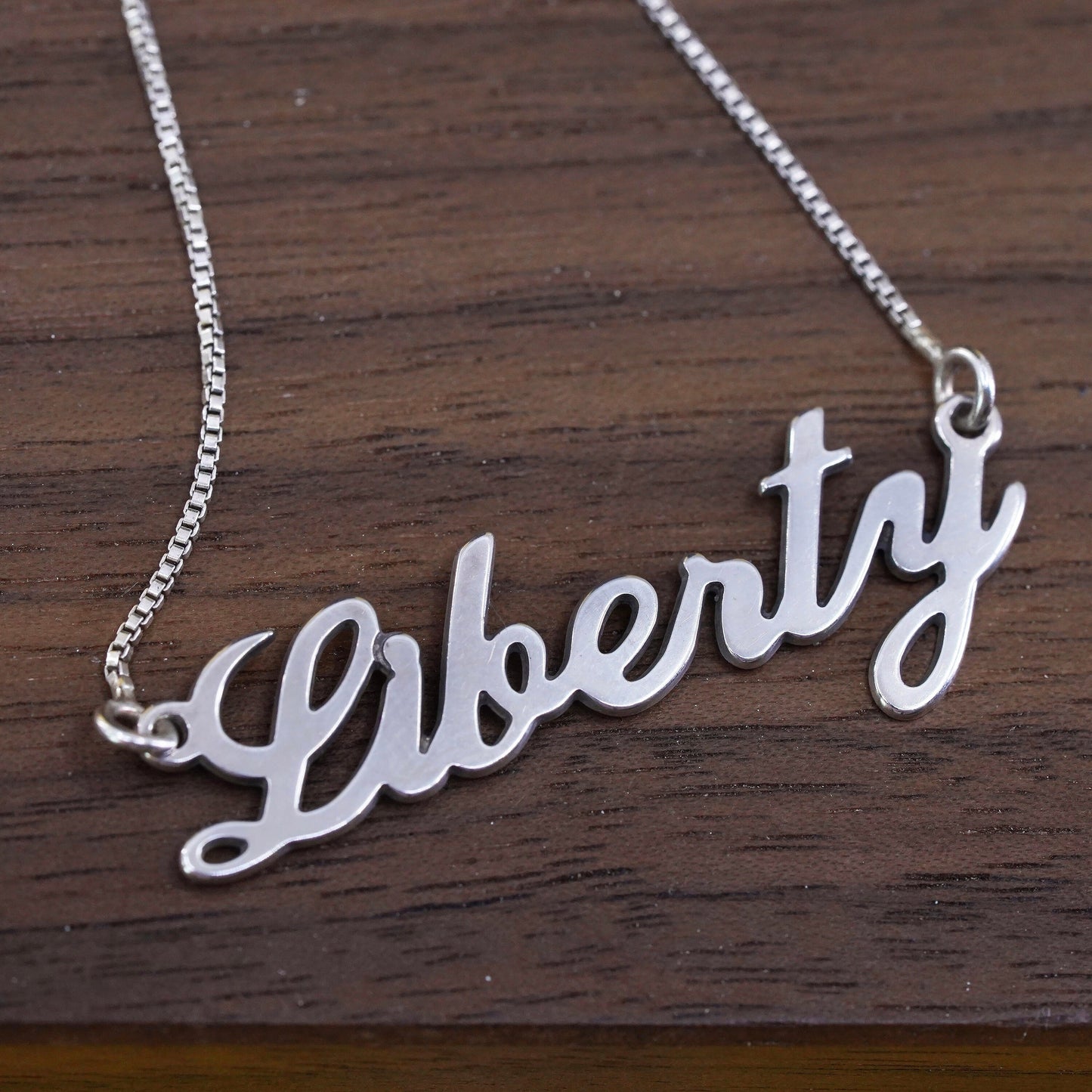 16" 1mm, vintage Sterling silver necklace, 925 box chain with name “liberty”