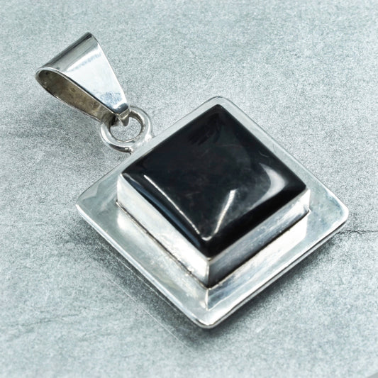 Vintage sterling 925 silver handmade square pendant with onyx inlay