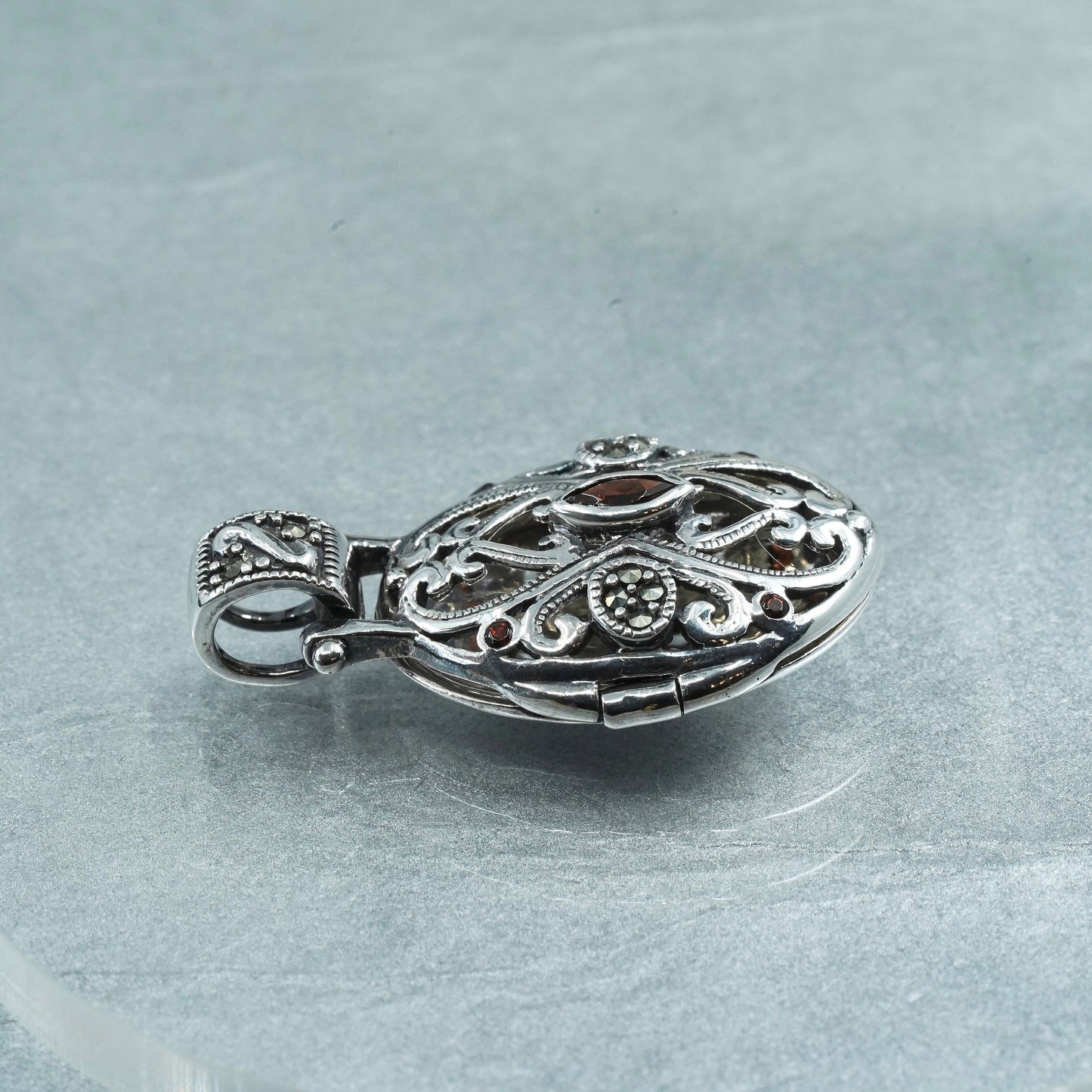 Vintage Sterling silver handmade charm, 925 prayer locket pendant w/ marcasite