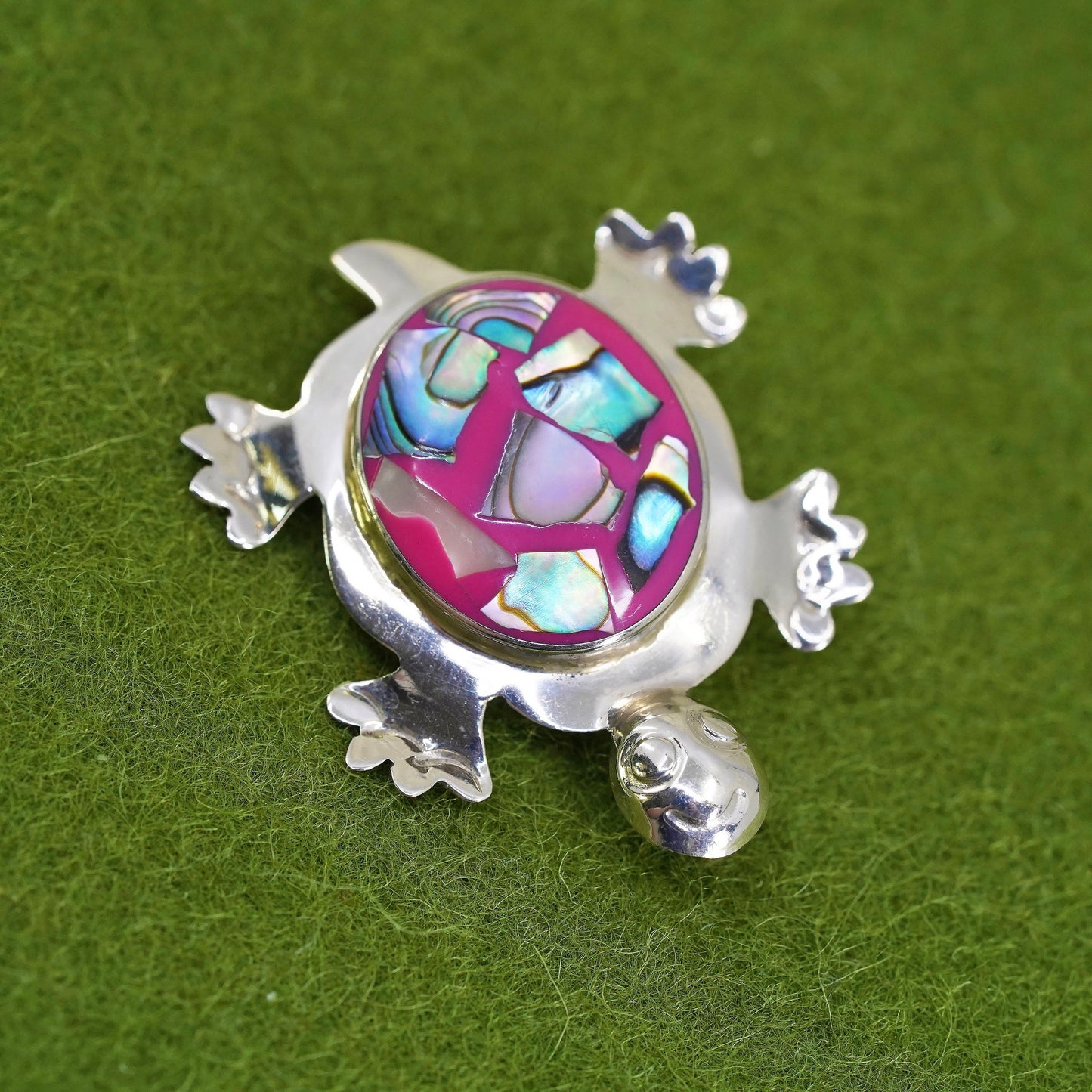 Vintage Mexican sterling 925 silver handmade pink turtle brooch abalone inlay