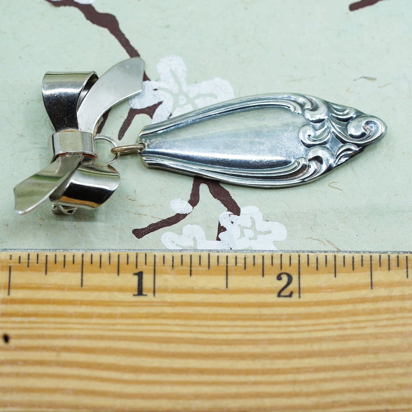 Vintage antique silver tone brooch, spoon pin with ribbon