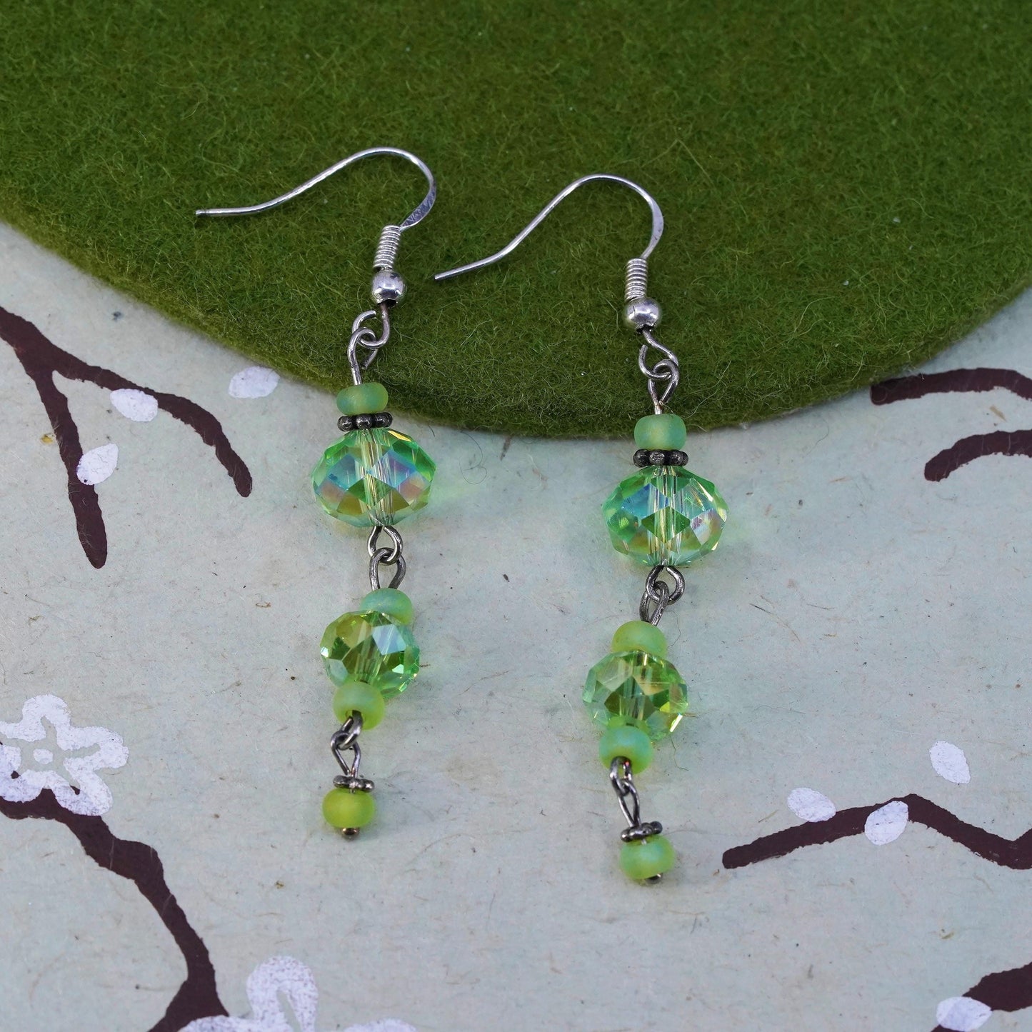 Vintage sterling silver handmade earrings, 925 silver with green crystal drops