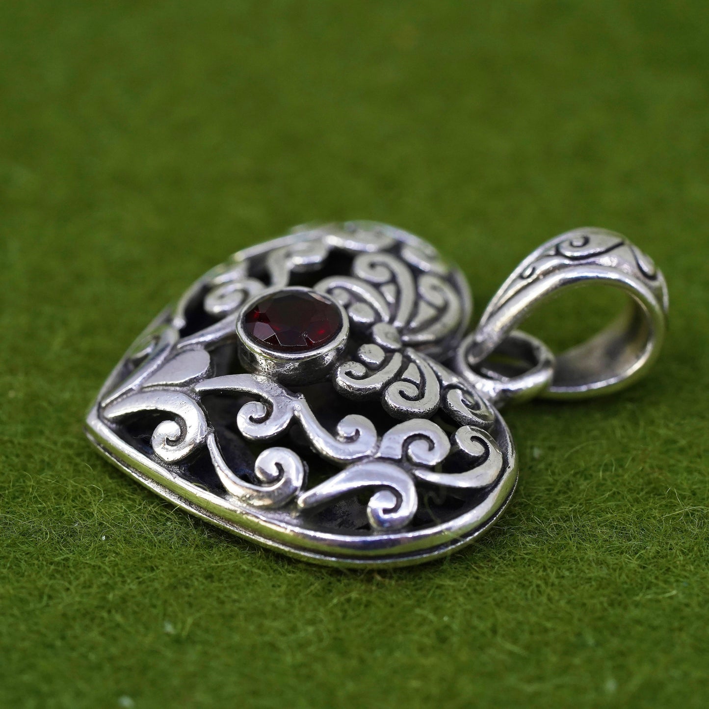 vintage sterling silver handmade pendant, 925 filigree heart charm with garnet