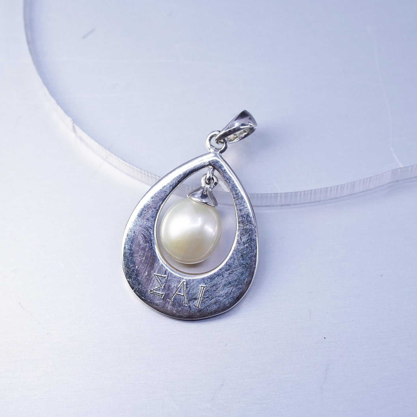 sterling 925 silver teardrop charm pendant with pearl engraved Sigma Alpha Lota