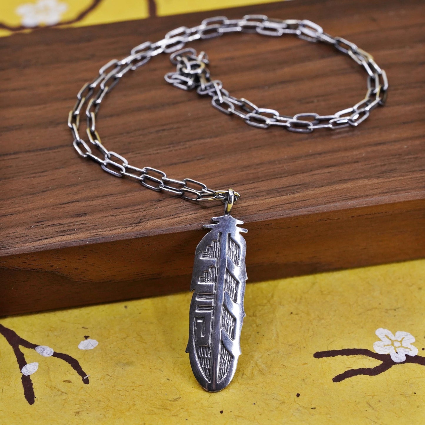 Native American Sterling Silver elongated chain necklace, 925 feather pendant