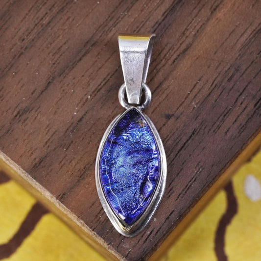 Vintage Sterling 925 silver handmade pendant with blue foil glass, unique