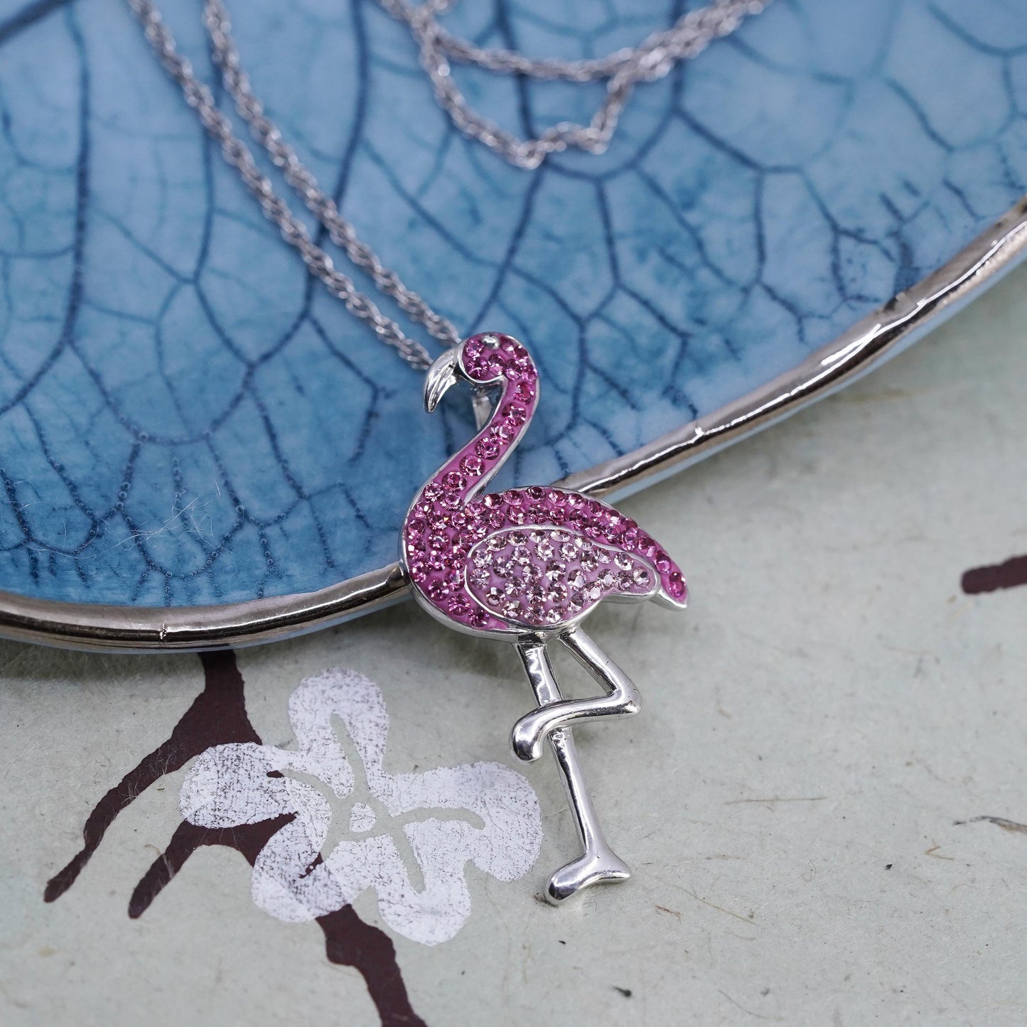 18", AU Sterling 925 silver circle necklace pink crystal flamingo bird pendant