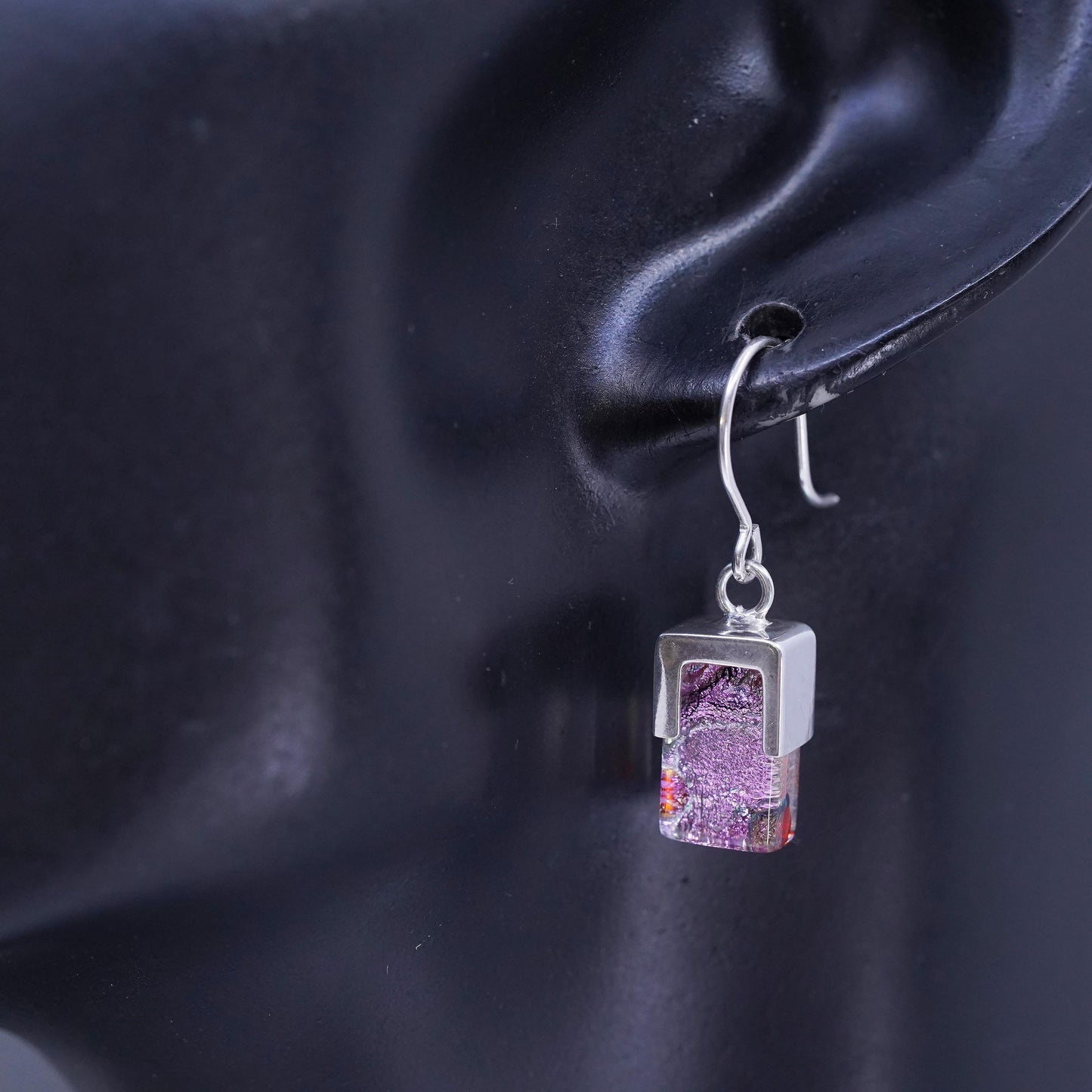 Vintage RG Sterling 925 silver handmade earrings with pink Dichroic Glass