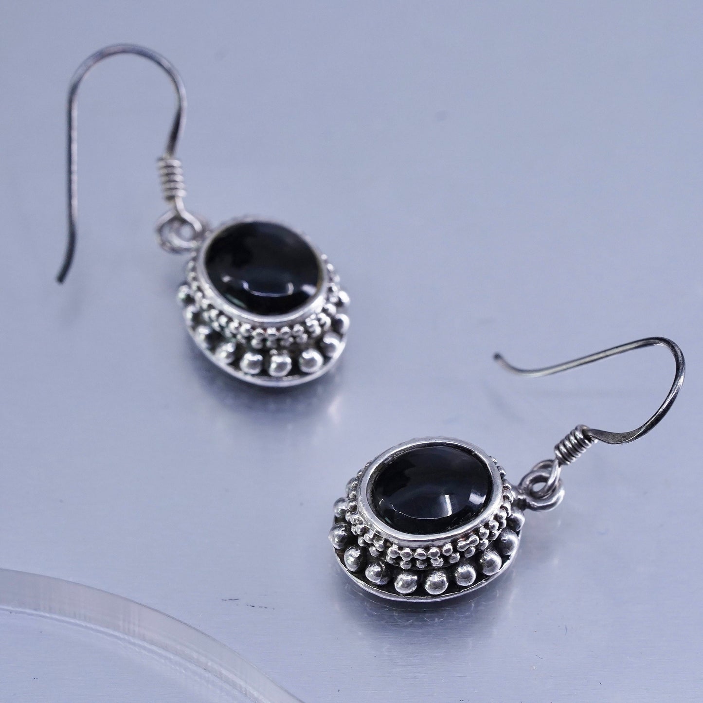 Vintage Sterling 925 silver oval earrings with onyx and beads