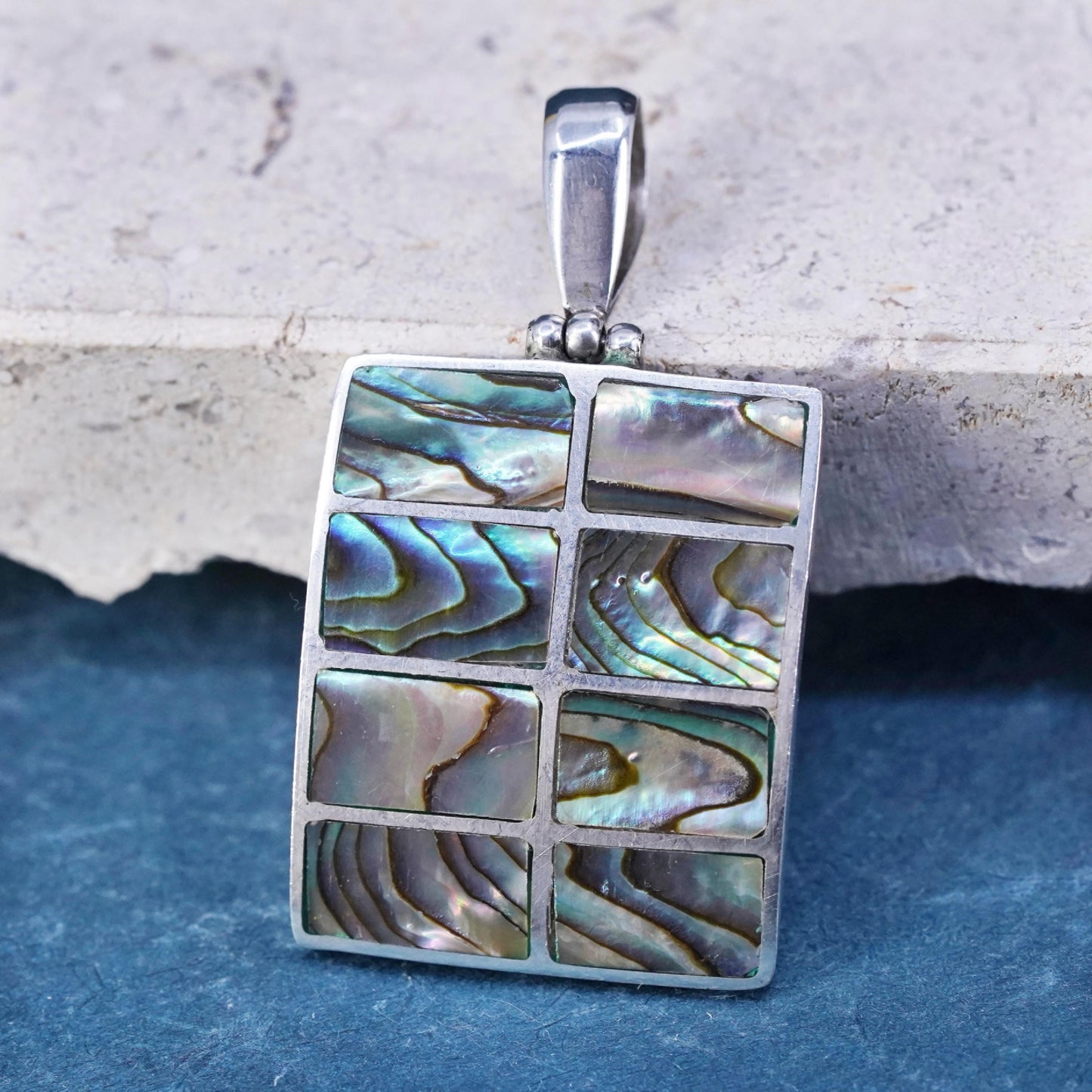 Vintage Sterling silver handmade pendant, 925 rectangle pendant with abalone