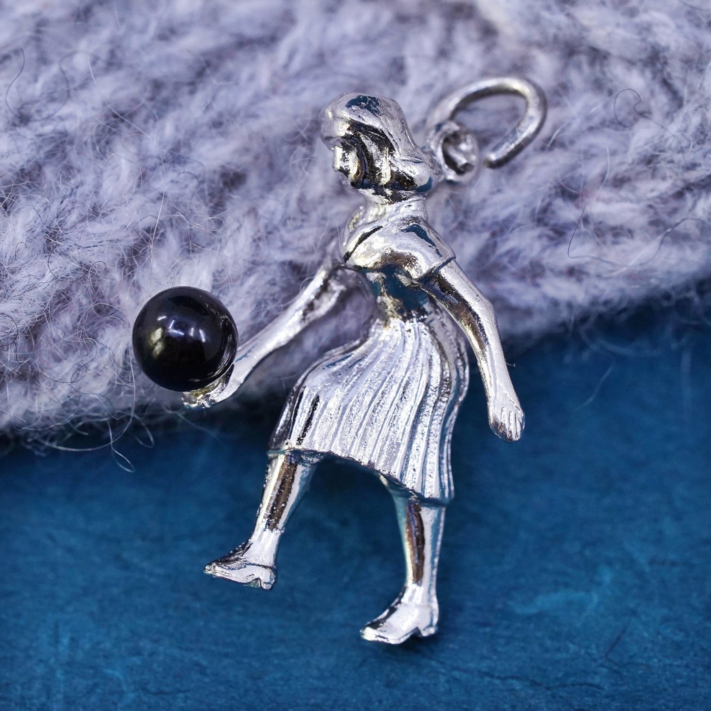 Vintage Sterling silver handmade pendant, 925 bowling girl figure charm