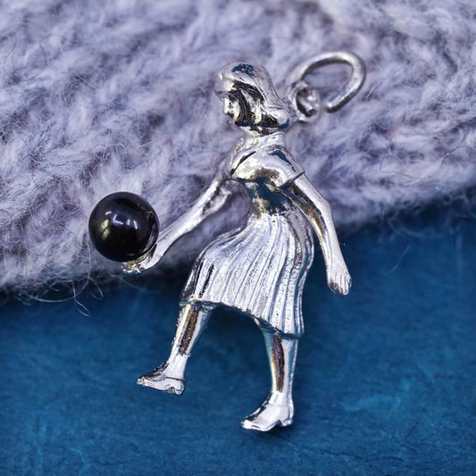 Vintage Sterling silver handmade pendant, 925 bowling girl figure charm