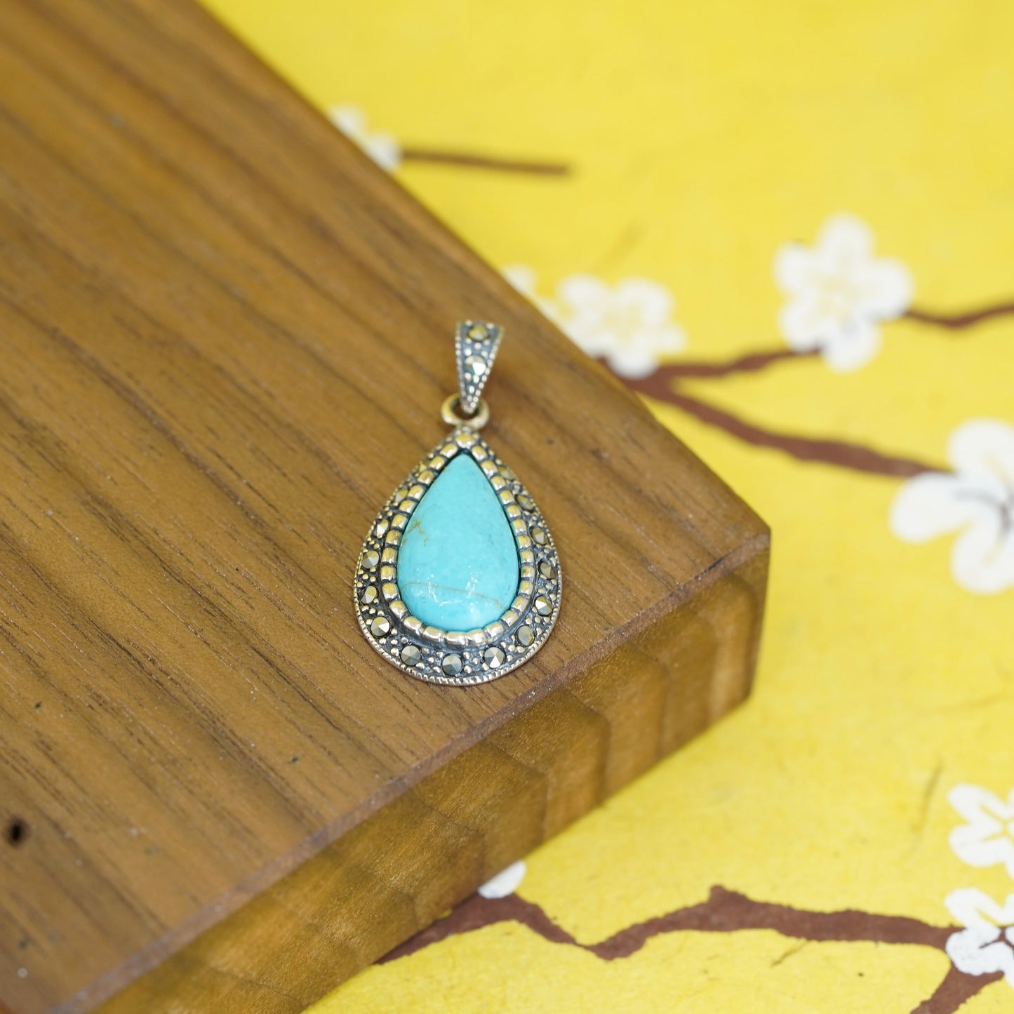 Vintage Sterling silver handmade pendant with turquoise, 925 teardrop w/ beads