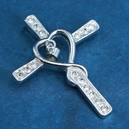 Vintage Sterling silver handmade pendant, 925 heart cross with cz