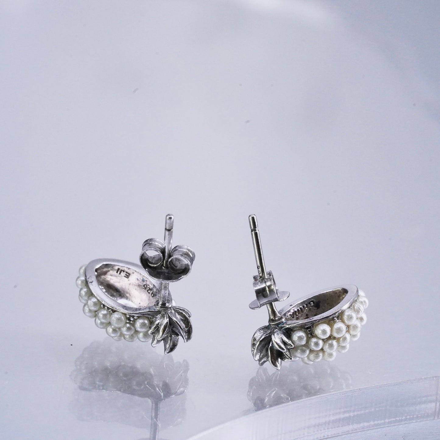 Vintage Sterling 925 silver handmade earrings, cluster pearl grenade studs