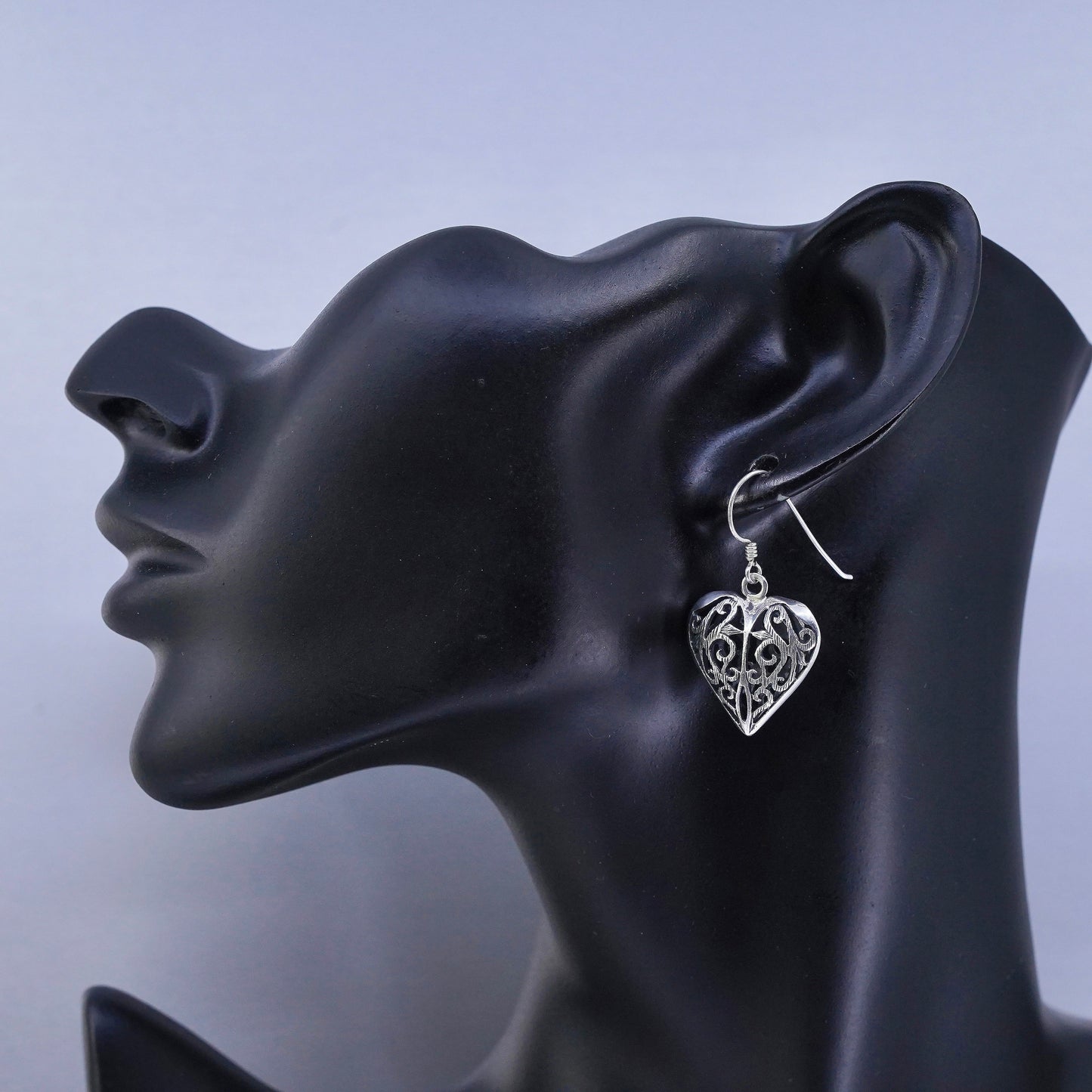 Vintage Sterling 925 silver handmade filigree puffy heart earrings