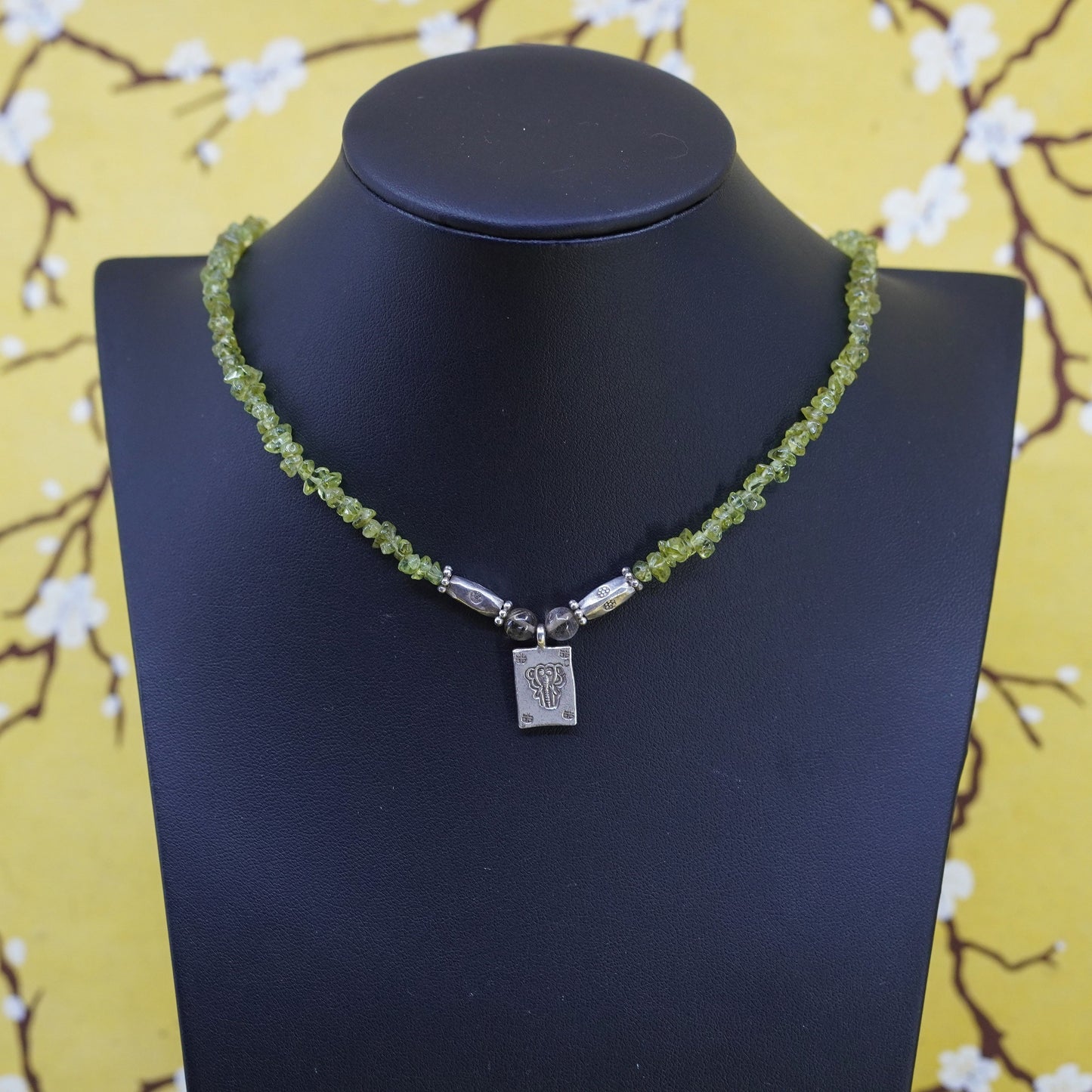 16”, Sterling silver Handmade necklace, 925 tag pendant with peridot beads