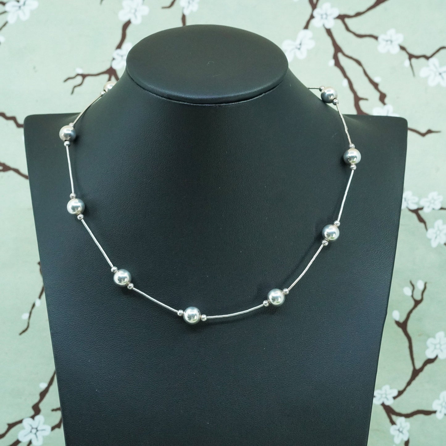 16”, vintage Sterling silver handmade necklace, 925 liquid chain with beads