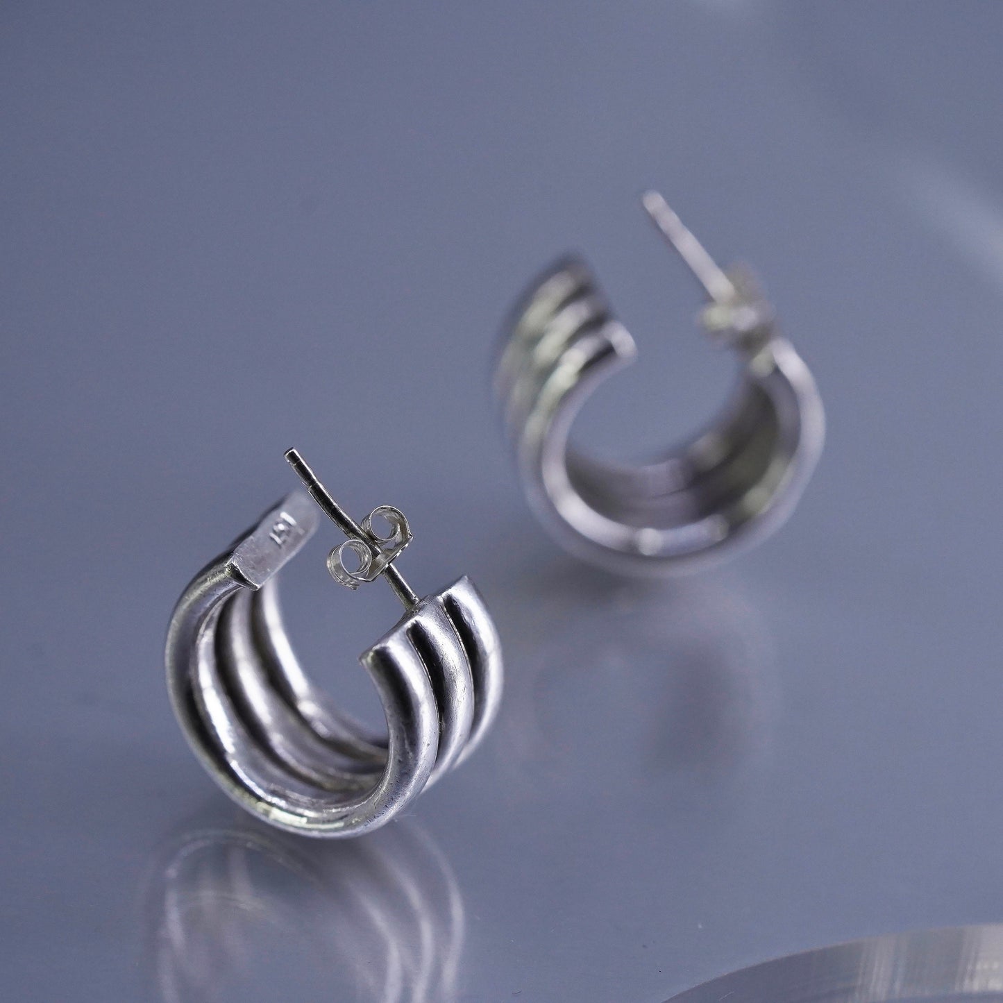 0.75”, vintage Sterling silver handmade earrings, modern 925 wide huggie studs