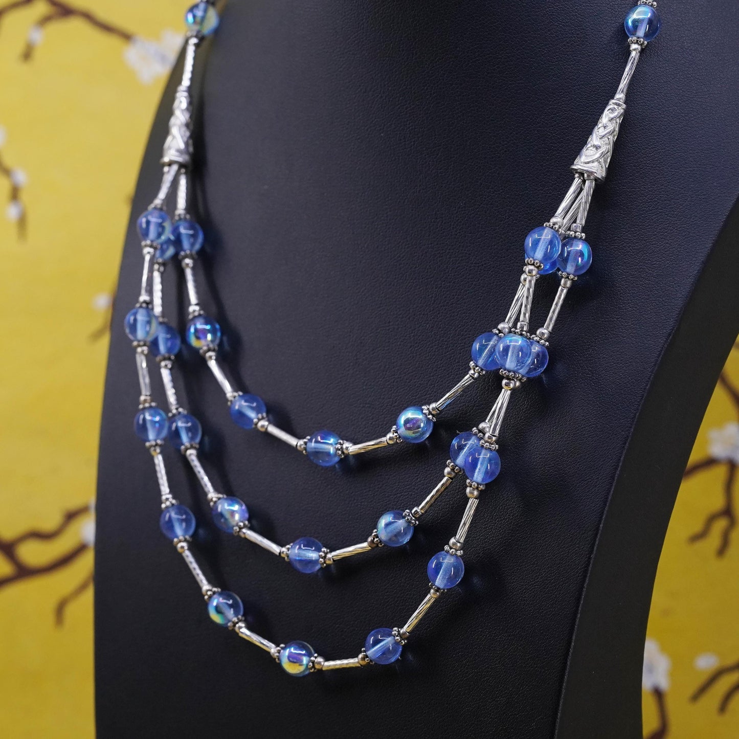 18", necklace, multi strands blue glass beads chains sterling 925 silver clasp