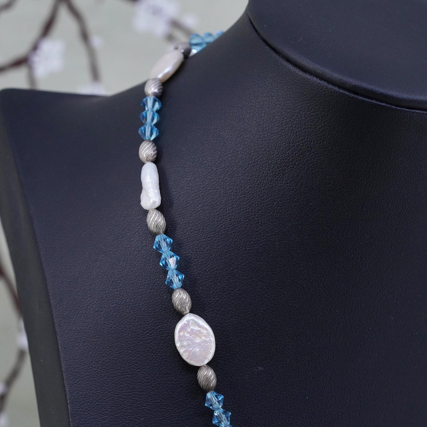 16”, Sterling 925 silver necklace with coin pearl beads and blue crystal