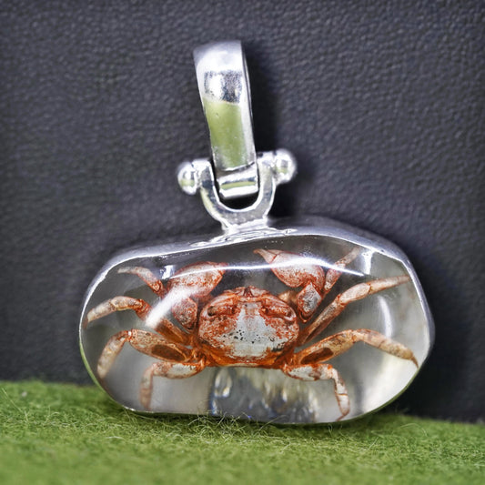 Vintage Sterling silver handmade pendant, 925 resin crab