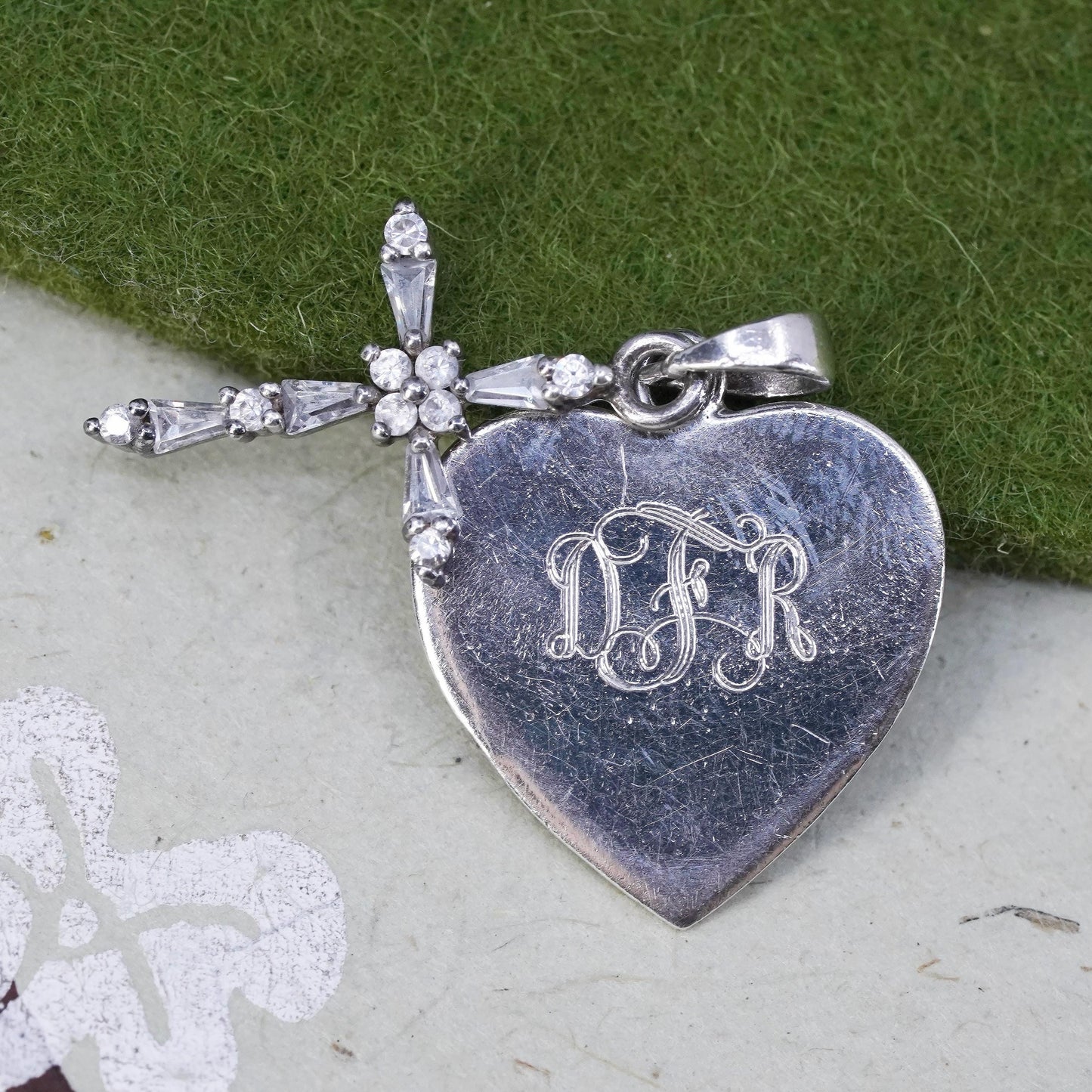 Vintage handmade Sterling silver pendant, 925 cz cross heart tag monogram “DRF”