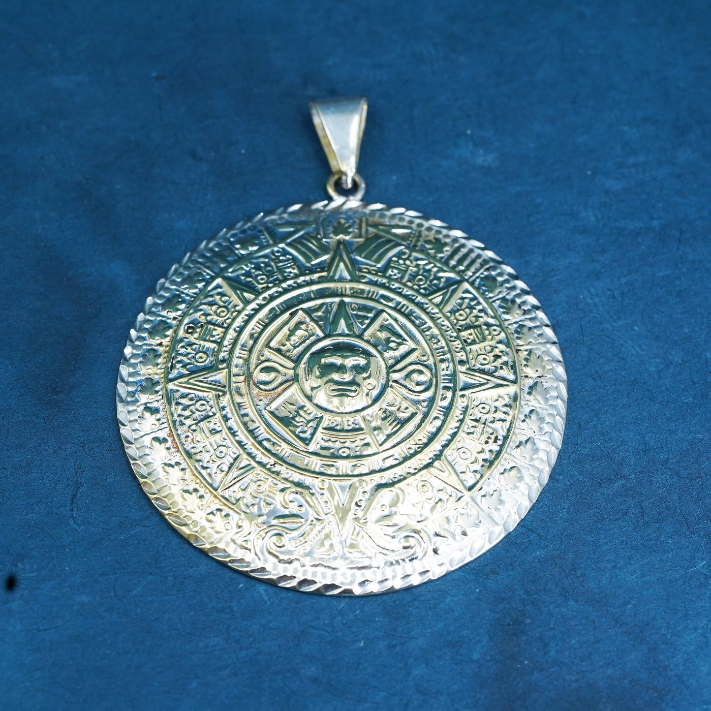 Vintage two tone Sterling silver handmade Pendant, huge 925 Mayan calendar