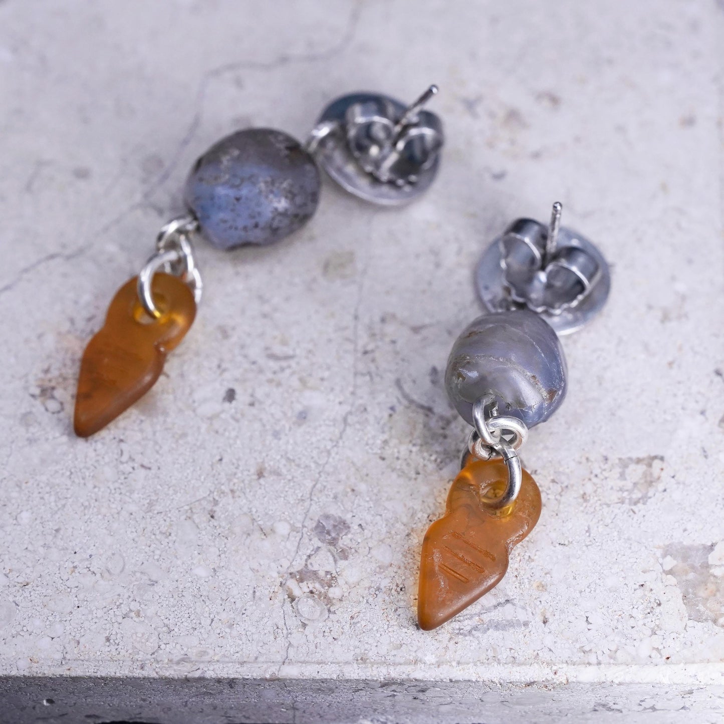 Sterling silver earrings, 925 studs with rutilated quartz amber arrow dangles