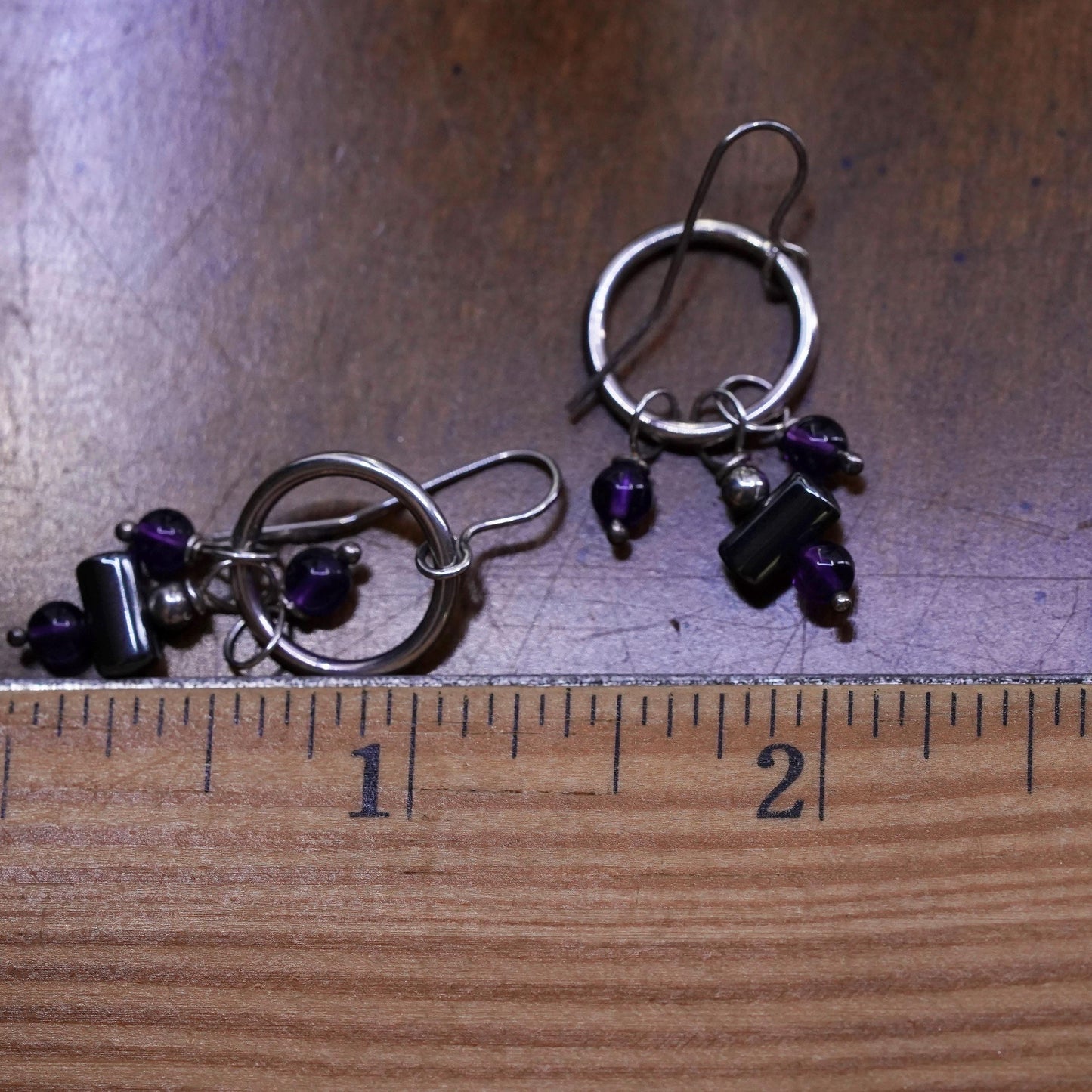 Vintage Sterling 925 silver handmade circle earrings with amethyst beads