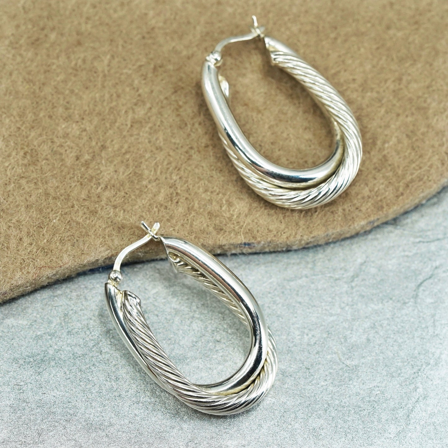 1.25”, vintage Sterling silver handmade earrings, 925 twisted oval hoops