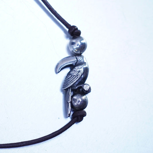 14”, 925 Sterling Silver Handmade brown leather Necklace with toucan charm