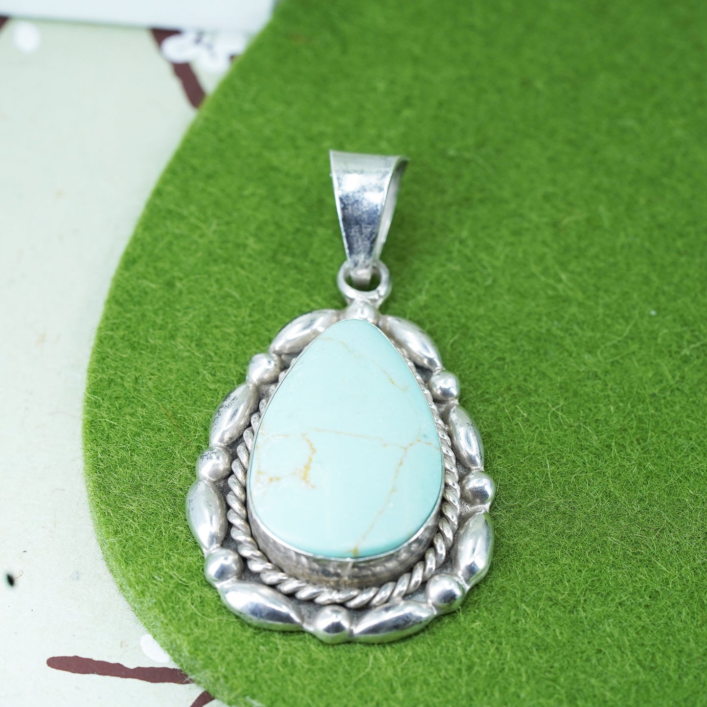 Vintage Sterling silver handmade pendant, Mexican 925 teardrop with turquoise