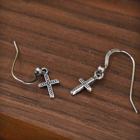 Vintage Sterling silver handmade earrings, 925 tiny cross stamped ster