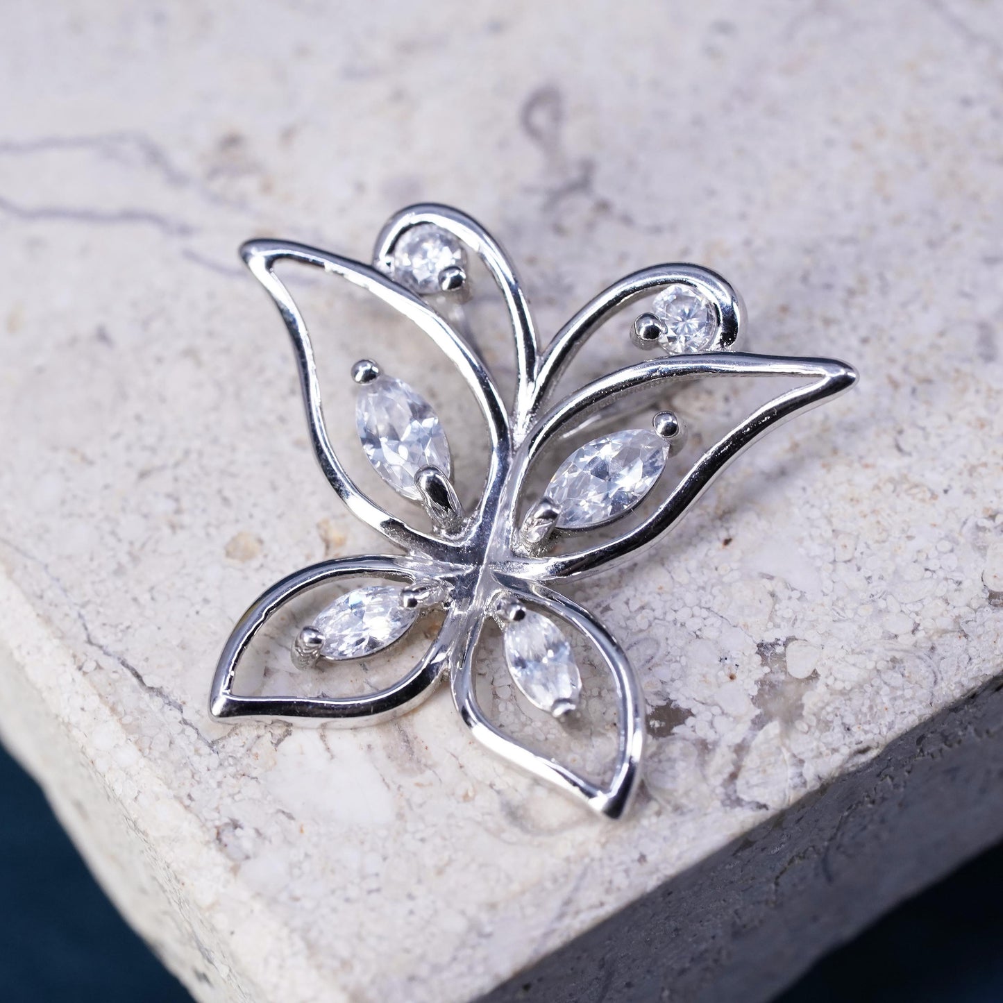 Vintage Sterling 925 silver handmade butterfly pendant, with cluster cz