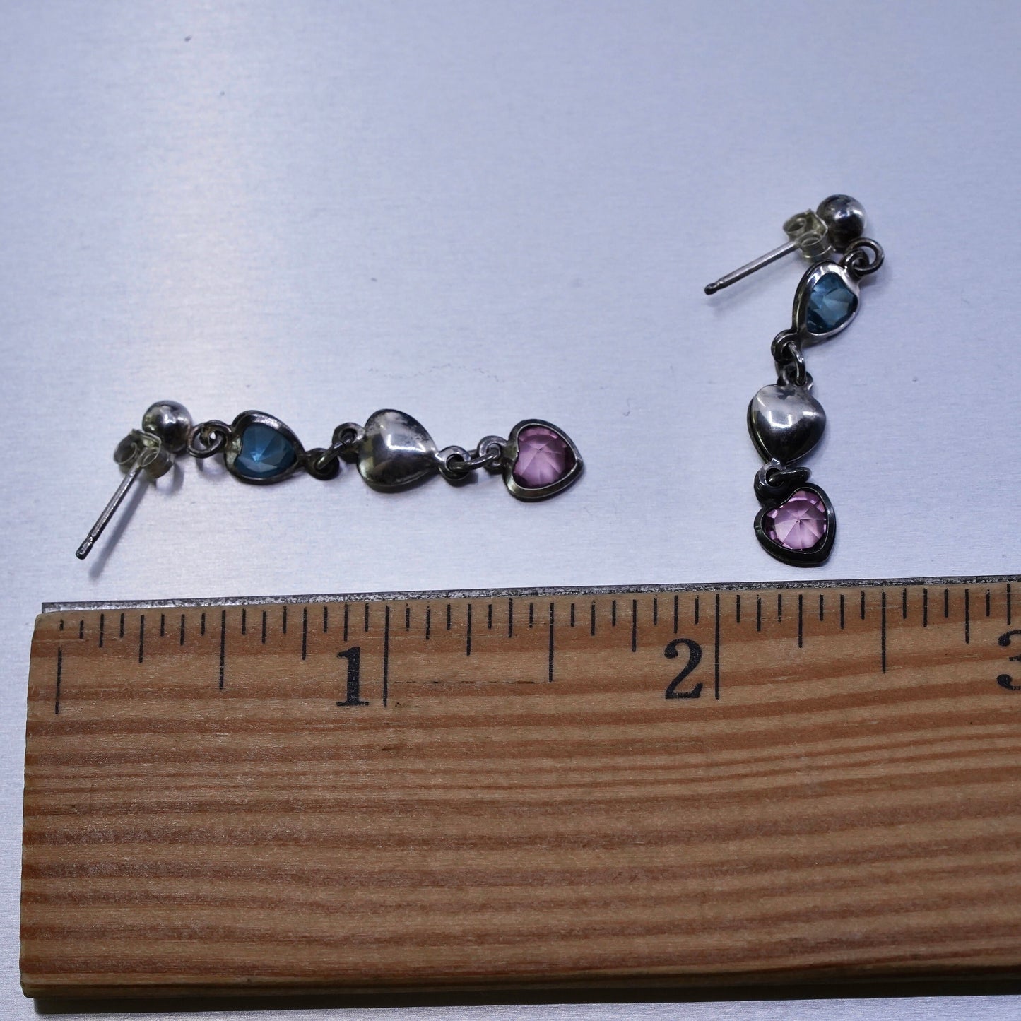 Vintage Sterling 925 silver earrings with amethyst heart dangles